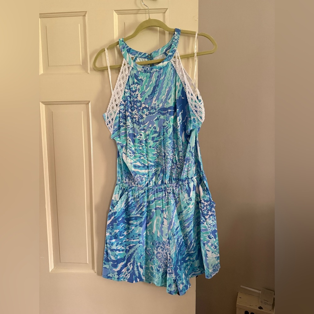 Lilly Pulitzer Pink-Tag Floral Blue & Aqua Halter Romper